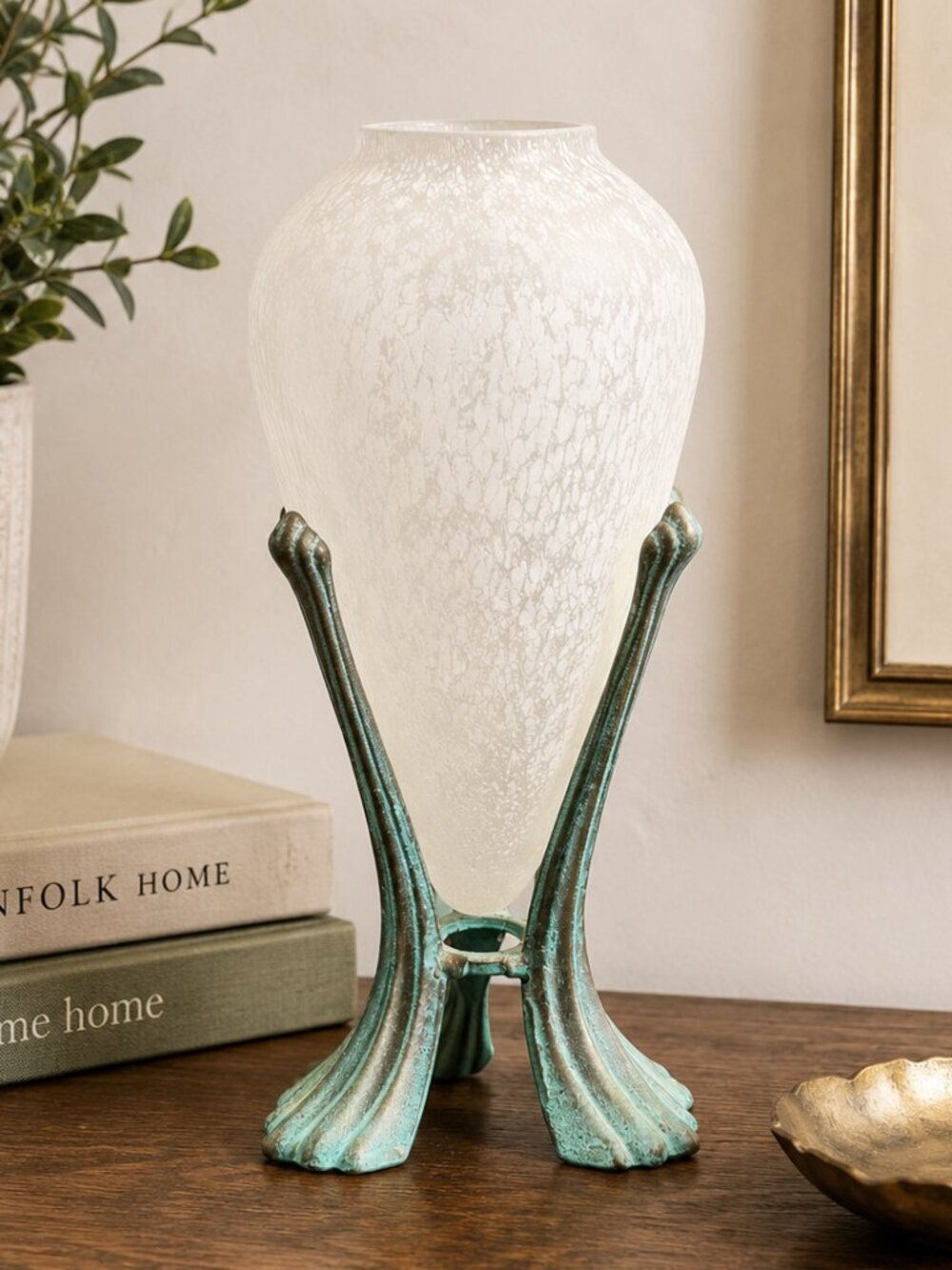 Vintage Silvestri Art Deco Frosted Blown Glass Vase with Verdigris Metal Stand